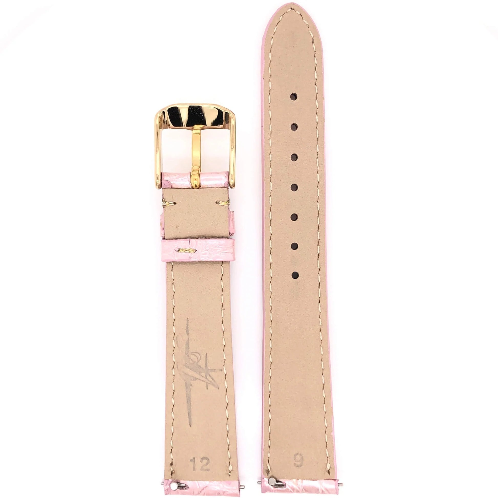Back Side of Abingdon 16mm Alligator Pink Watch Strap with Beige Leather Lining and Gold Buckle