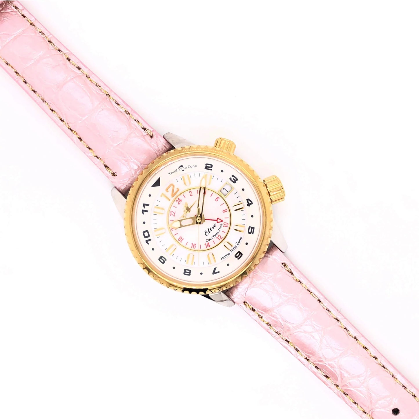 Elise Rosy Women’s Pilot Watch with 16mm Genuine Alligator Pink Strap and Gold Buckle