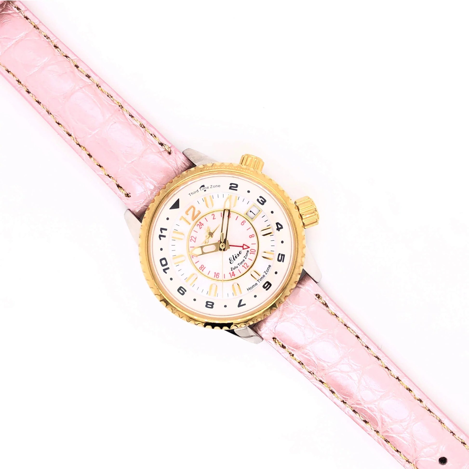 Elise Rosy Women’s Pilot Watch with 16mm Genuine Alligator Pink Strap and Gold Buckle