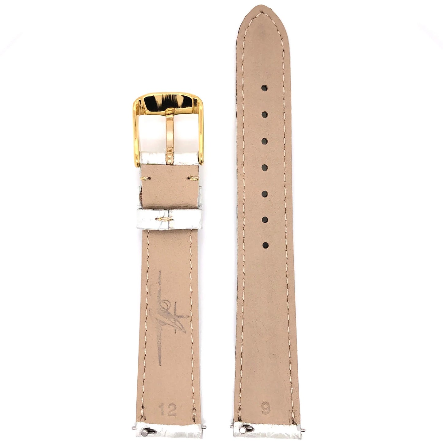 Rear View of Abingdon White Alligator Watch Band with Gold Buckle and Natural Leather Lining
