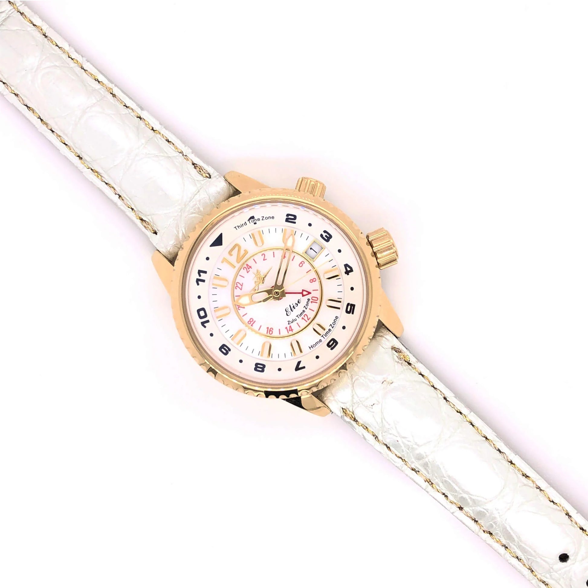 Elise Women’s Pilot Watch with Gold Case and 16mm White Alligator Watch Strap