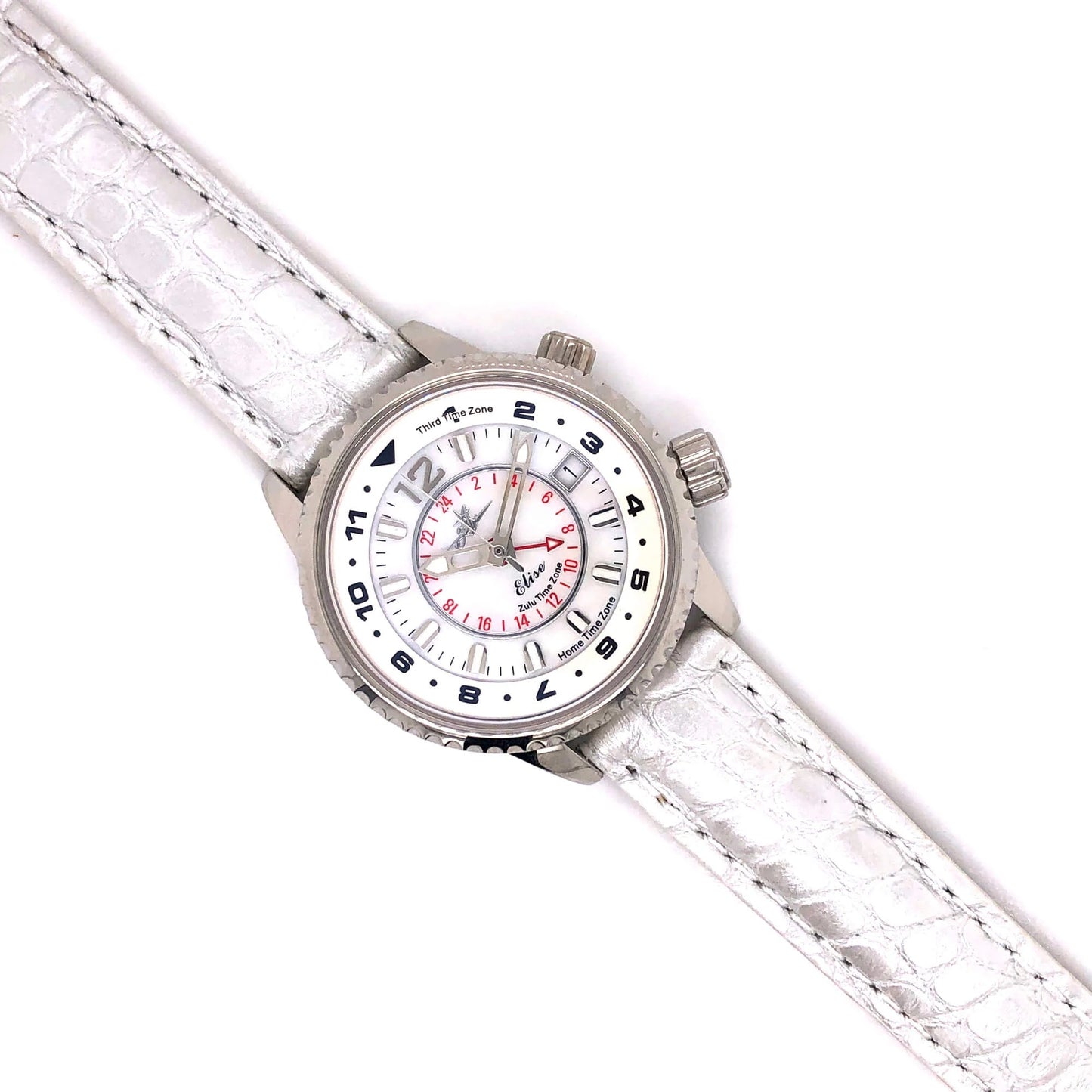 Elise Pilot Watch with White Dial Paired with 16mm Genuine White Alligator Strap and Silver Hardware
