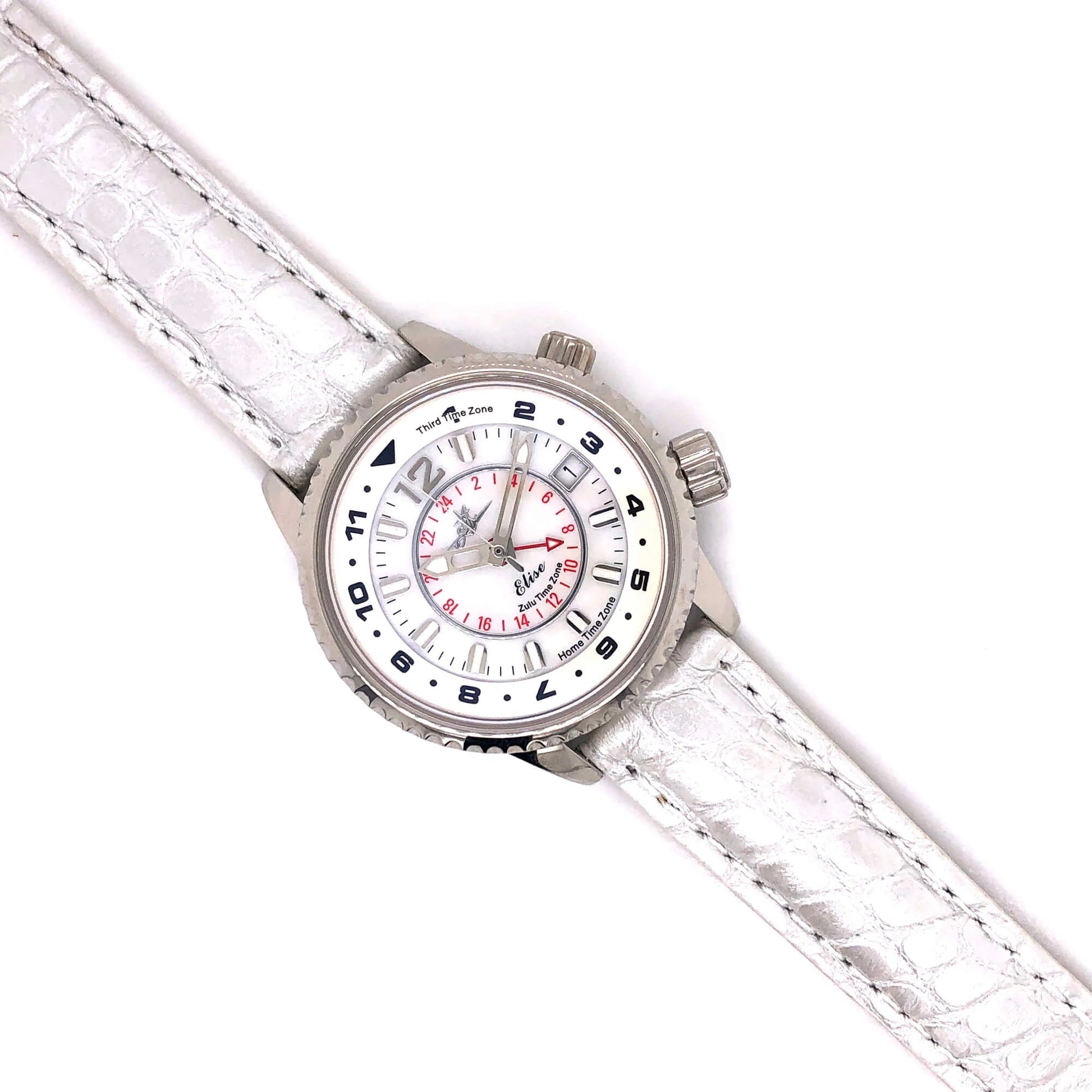 Elise Pilot Watch with White Dial Paired with 16mm Genuine White Alligator Strap and Silver Hardware
