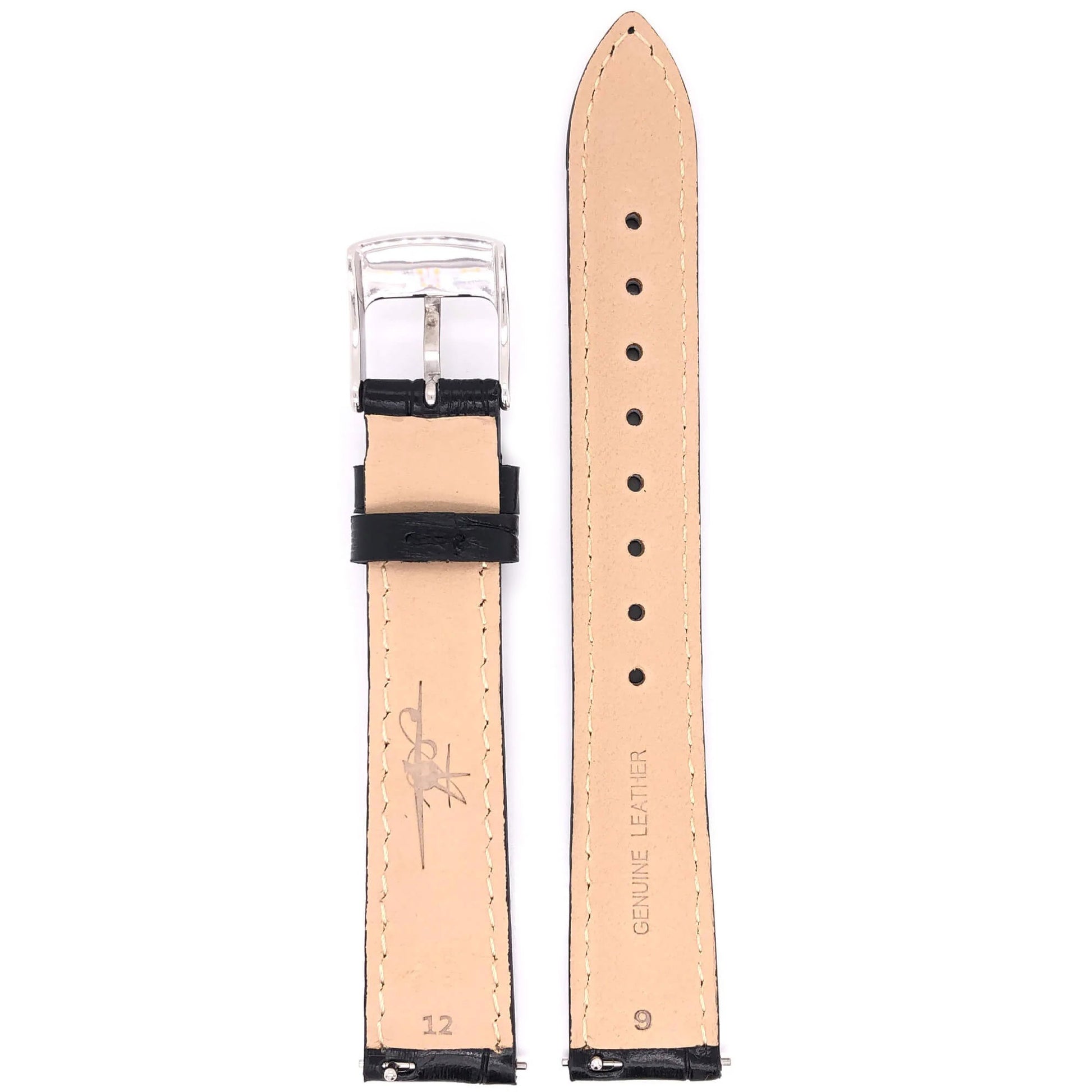 Abingdon 16mm Black Croco-Embossed Leather Watch Band with Stainless Steel Buckle - Back View