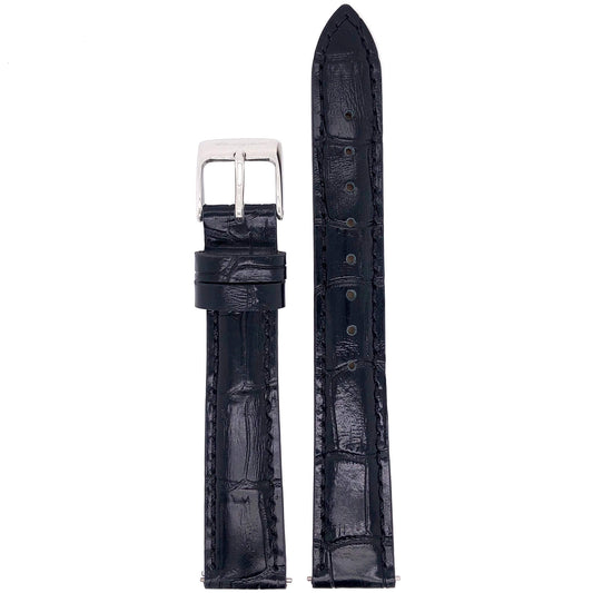 Abingdon 16mm Black Leather Watch Band with Croco Texture and Silver Buckle - Front View