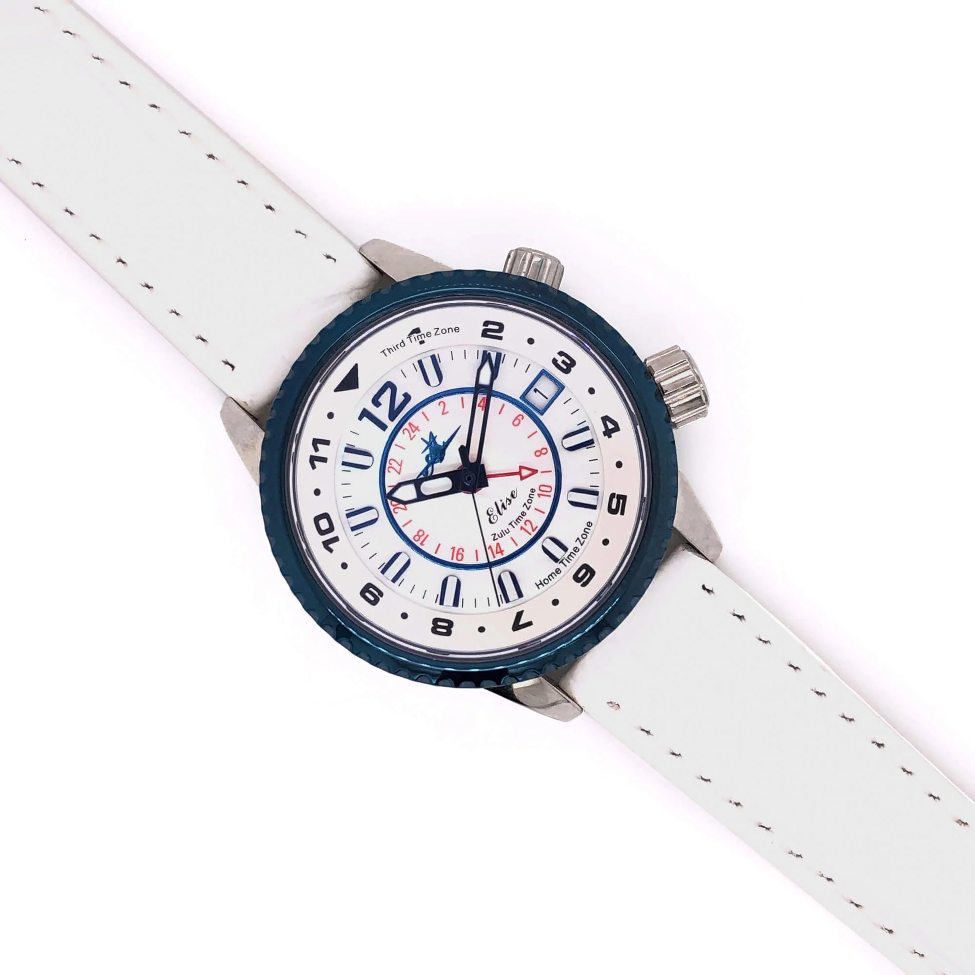 Elise Women's Pilot Watch with White Croco-Embossed Leather Band and Blue Bezel