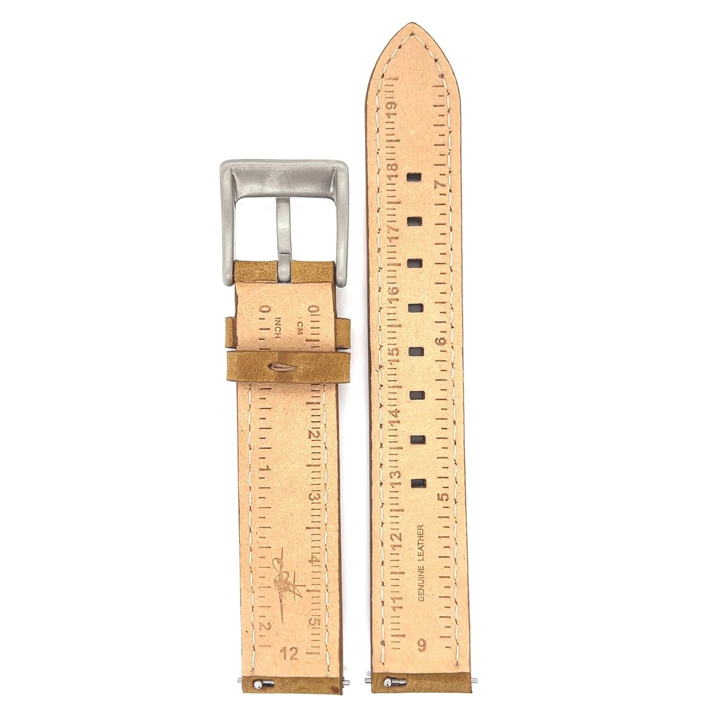 Abingdon Toffee Leather Watch Band Back View – Silver Buckle, Ruler Markings, and Quick Release Pins