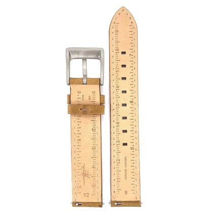 Abingdon Toffee Leather Watch Band Back View – Silver Buckle, Ruler Markings, and Quick Release Pins
