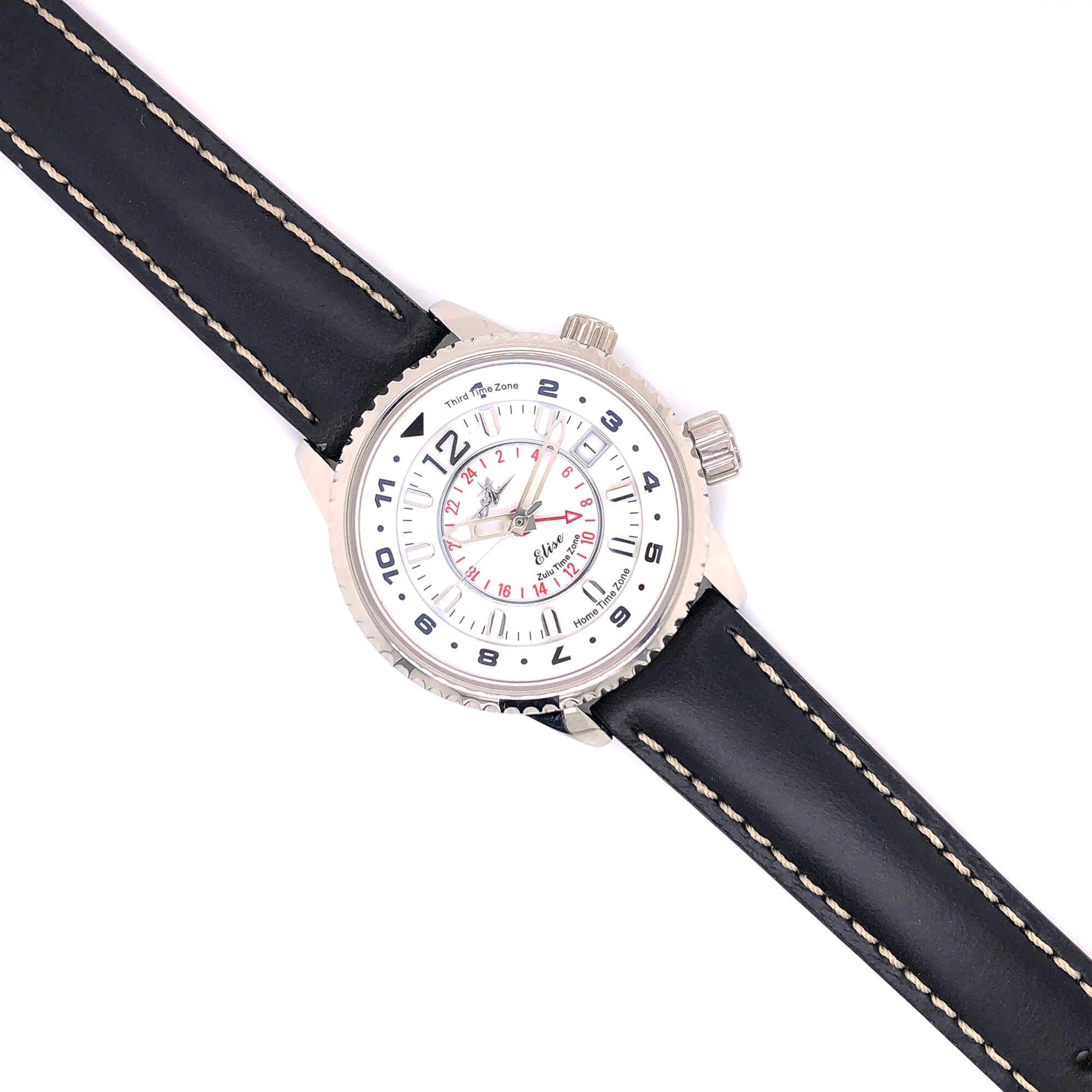 Abingdon 16mm Oil-Tan Leather Watch Band in Black with Contrast Stitching, Shown on White Dial Women’s Pilot Watch with Dual Time Zone Bezel