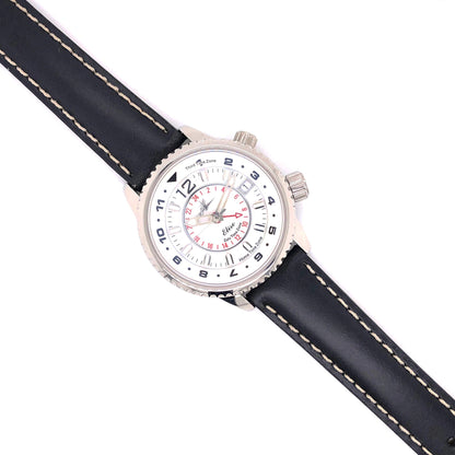 Abingdon 16mm Oil-Tan Leather Watch Band in Black with Contrast Stitching, Shown on White Dial Women’s Pilot Watch with Dual Time Zone Bezel