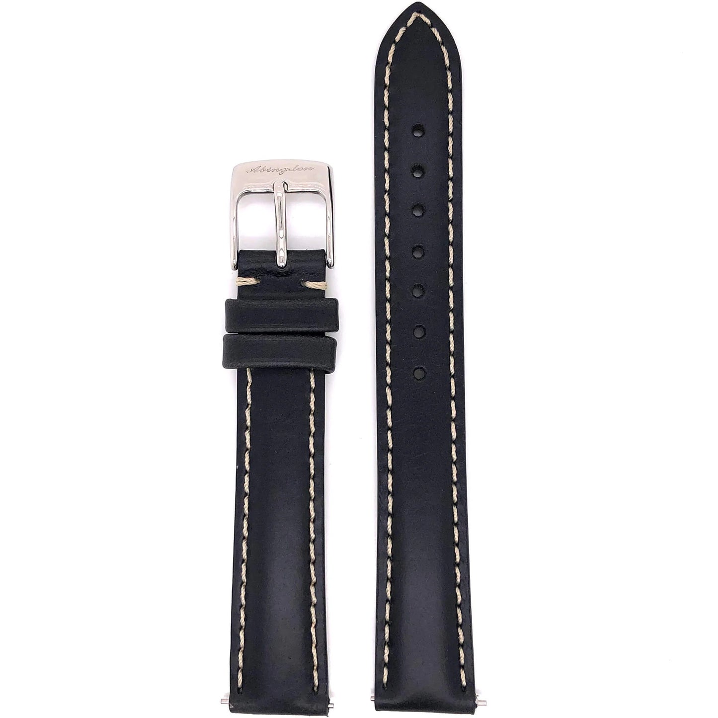 Black Abingdon 16mm Oil-Tan Leather Watch Band with Contrast Stitching and Stainless Steel Buckle – Front View