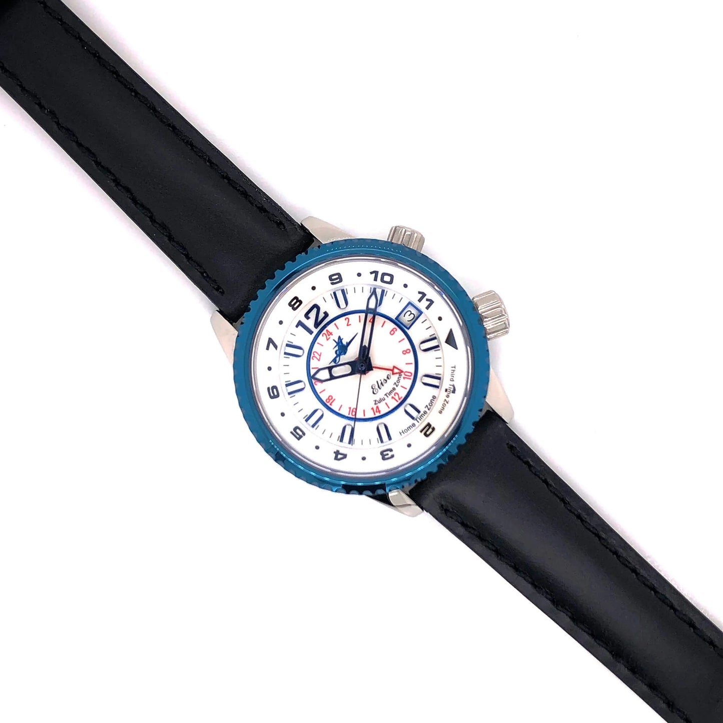 Abingdon 16mm Oil-Tan Leather Matching Stitch Watch Band – Black – On Blue Bezel Watch