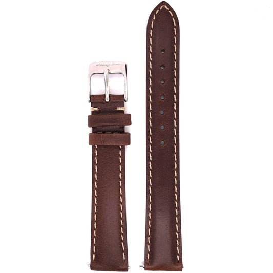 Brown Abingdon 16mm Oil-Tan Leather Watch Band with Contrast Stitching and Stainless Steel Buckle – Front View