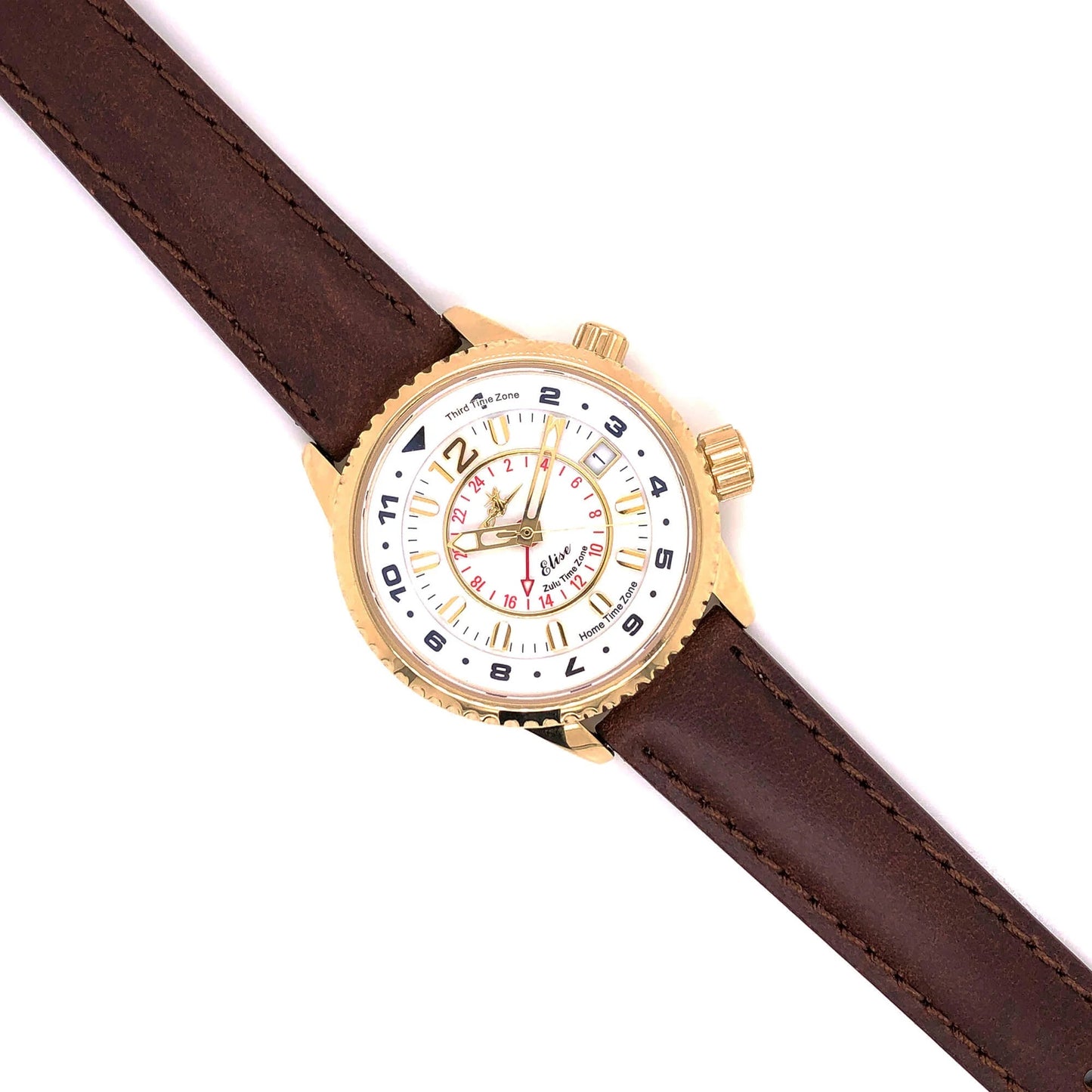 Abingdon 16mm Oil-Tan Leather Matching Stitch Watch Band – Brown – On Gold Watch Face