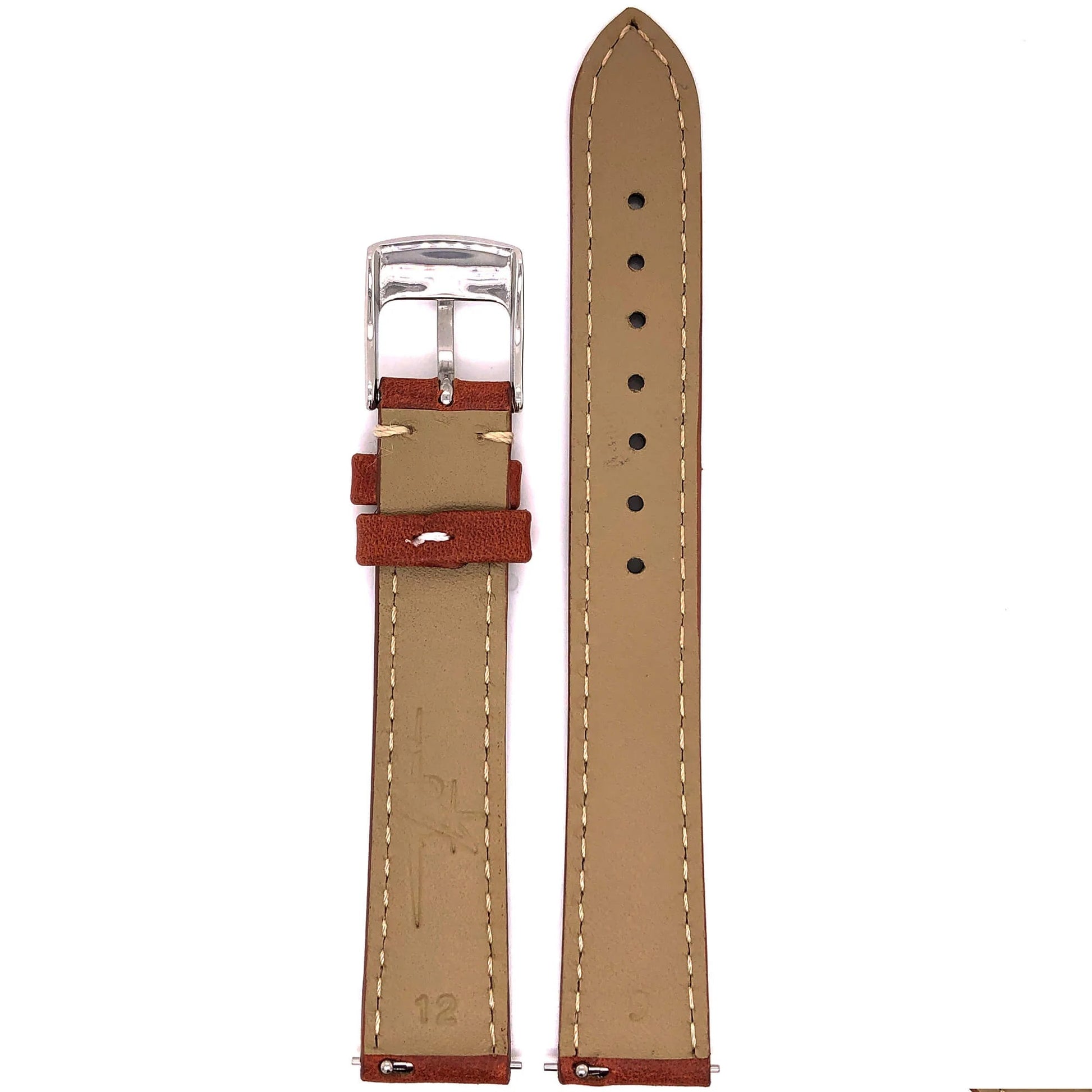 Backside of Abingdon 16mm Oil-Tan Leather Watch Band with Quick-Release Pins and Contrast Stitching – Chestnut Strap