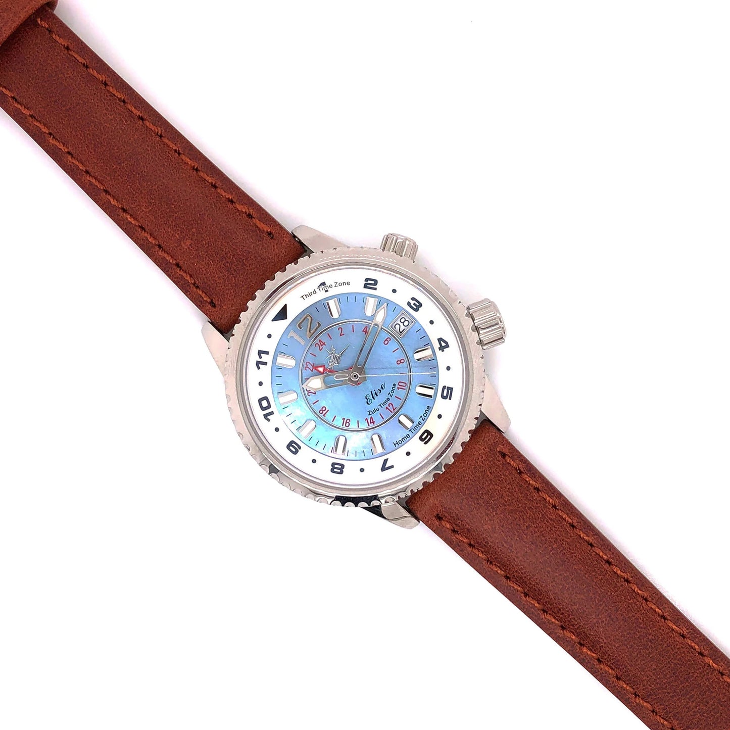 Abingdon 16mm Oil-Tan Leather Matching Stitch Watch Band – Chestnut – On Sky Blue Dial Pilot Watch