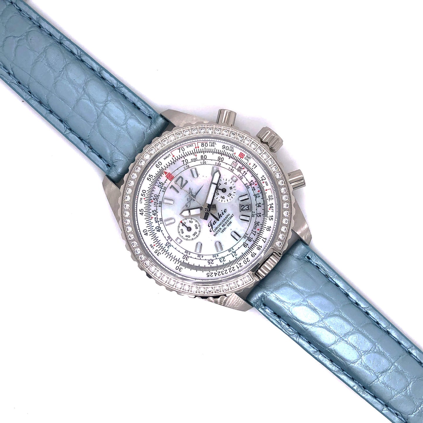 Abingdon 20mm Alligator Leather Watch Band in Sky Blue Glazed Finish on Jackie Mother-of-Pearl Chronograph Watch