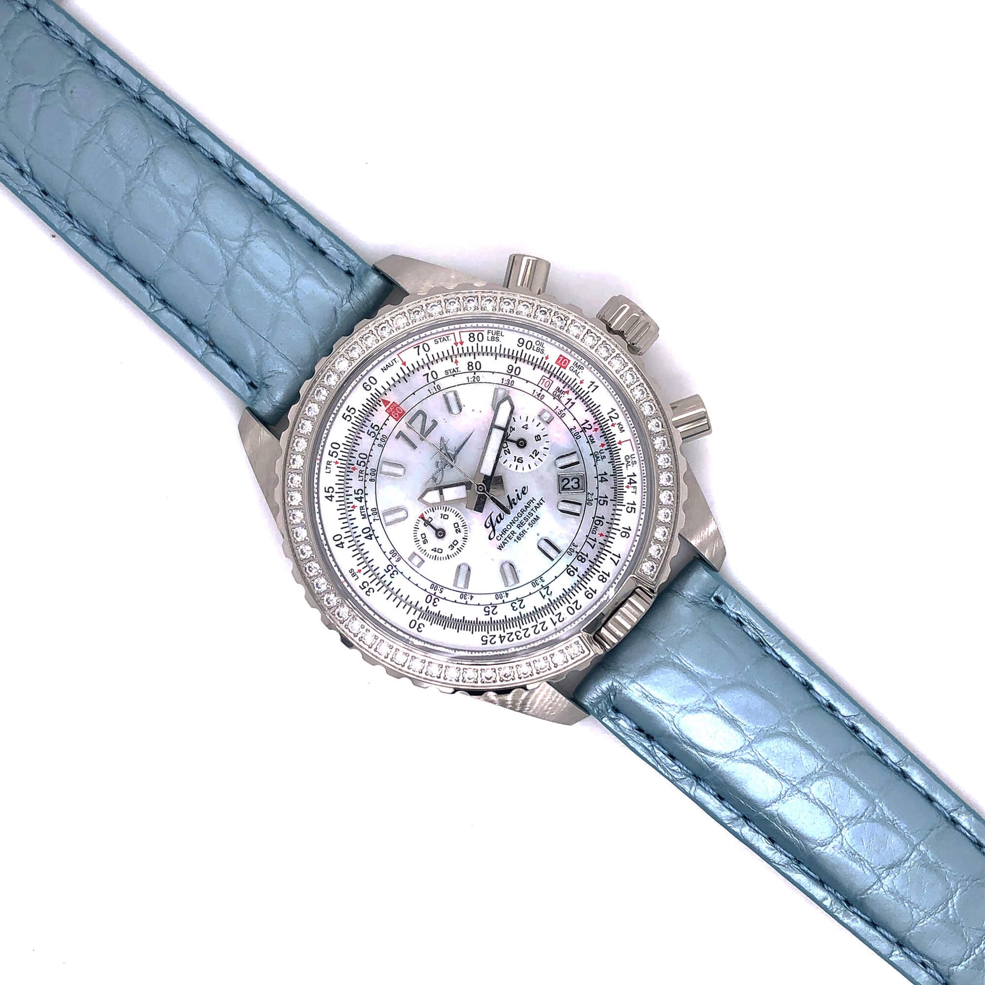 Abingdon 20mm Alligator Leather Watch Band in Sky Blue Glazed Finish on Jackie Mother-of-Pearl Chronograph Watch
