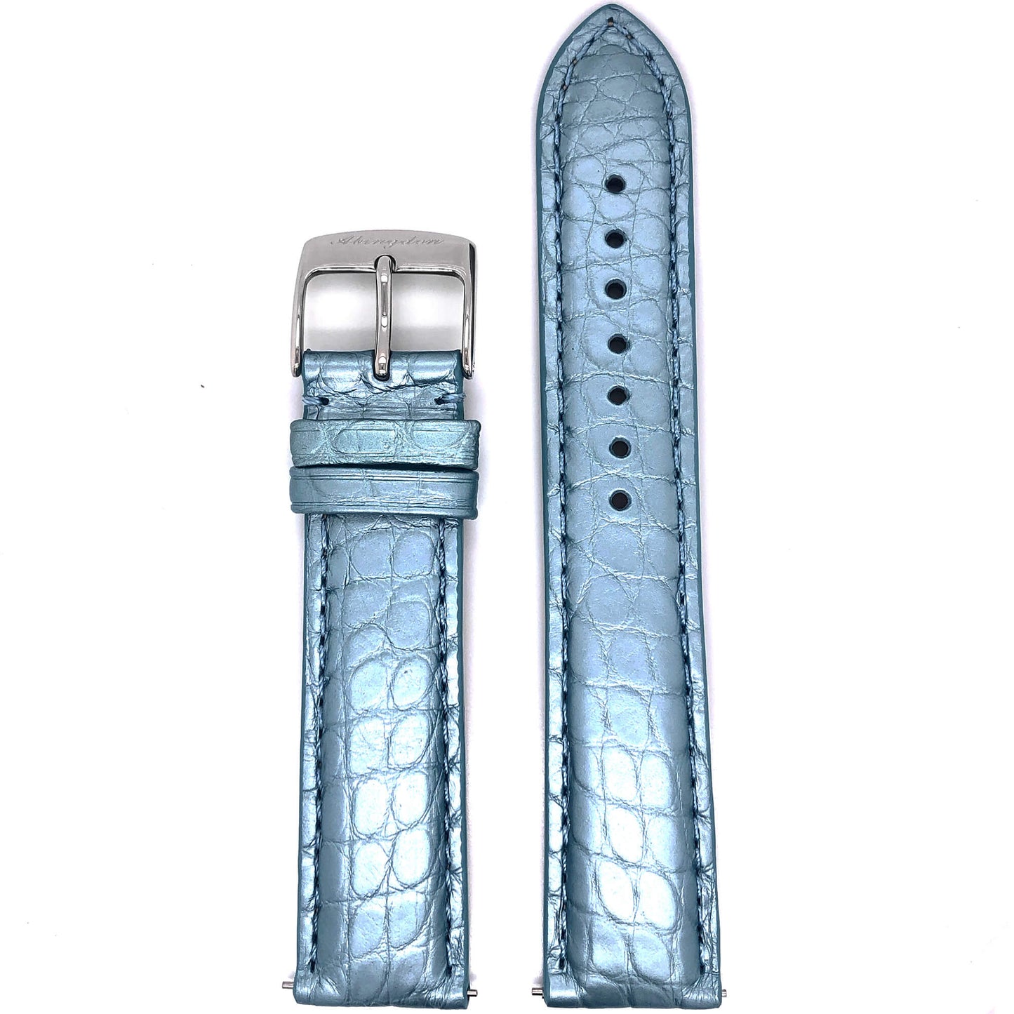 Abingdon 20mm Alligator Leather Strap in High-Gloss Blue with Stainless Steel Buckle – Front Display