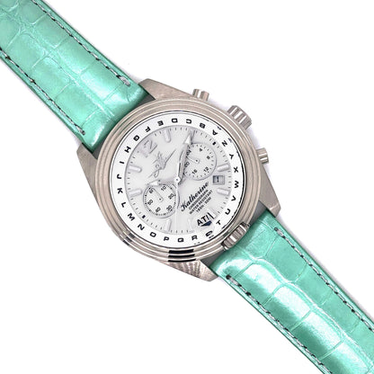 Abingdon 20mm Alligator Leather Strap in Mint Green on Katherine ATIS Chronograph Pilot Watch