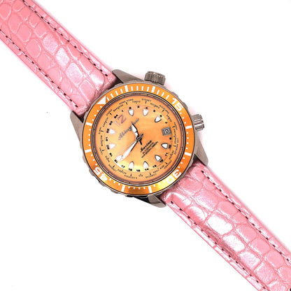 Abingdon 20mm Pink Alligator Leather Watch Band on Marina Dive Watch with Orange Dial and Rotating Beze
