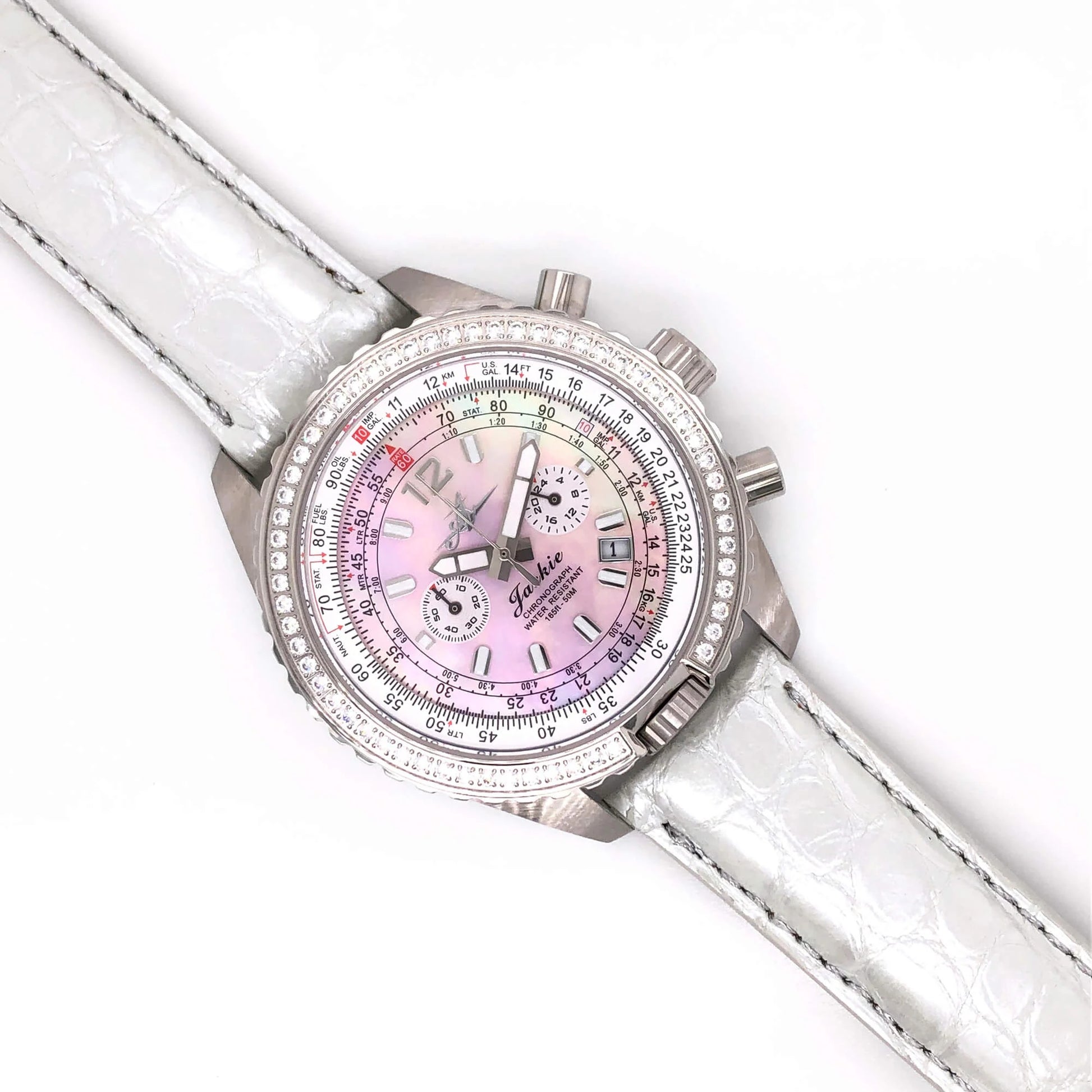Abingdon 20mm White Glazed Alligator Strap on Jackie Chronograph Watch with Pink Mother-of-Pearl Dial and Diamond Bezel