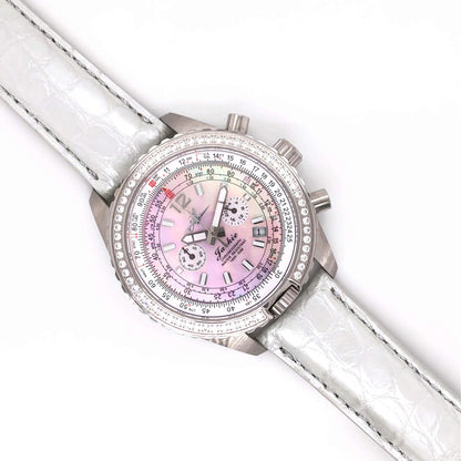 Abingdon 20mm White Glazed Alligator Strap on Jackie Chronograph Watch with Pink Mother-of-Pearl Dial and Diamond Bezel