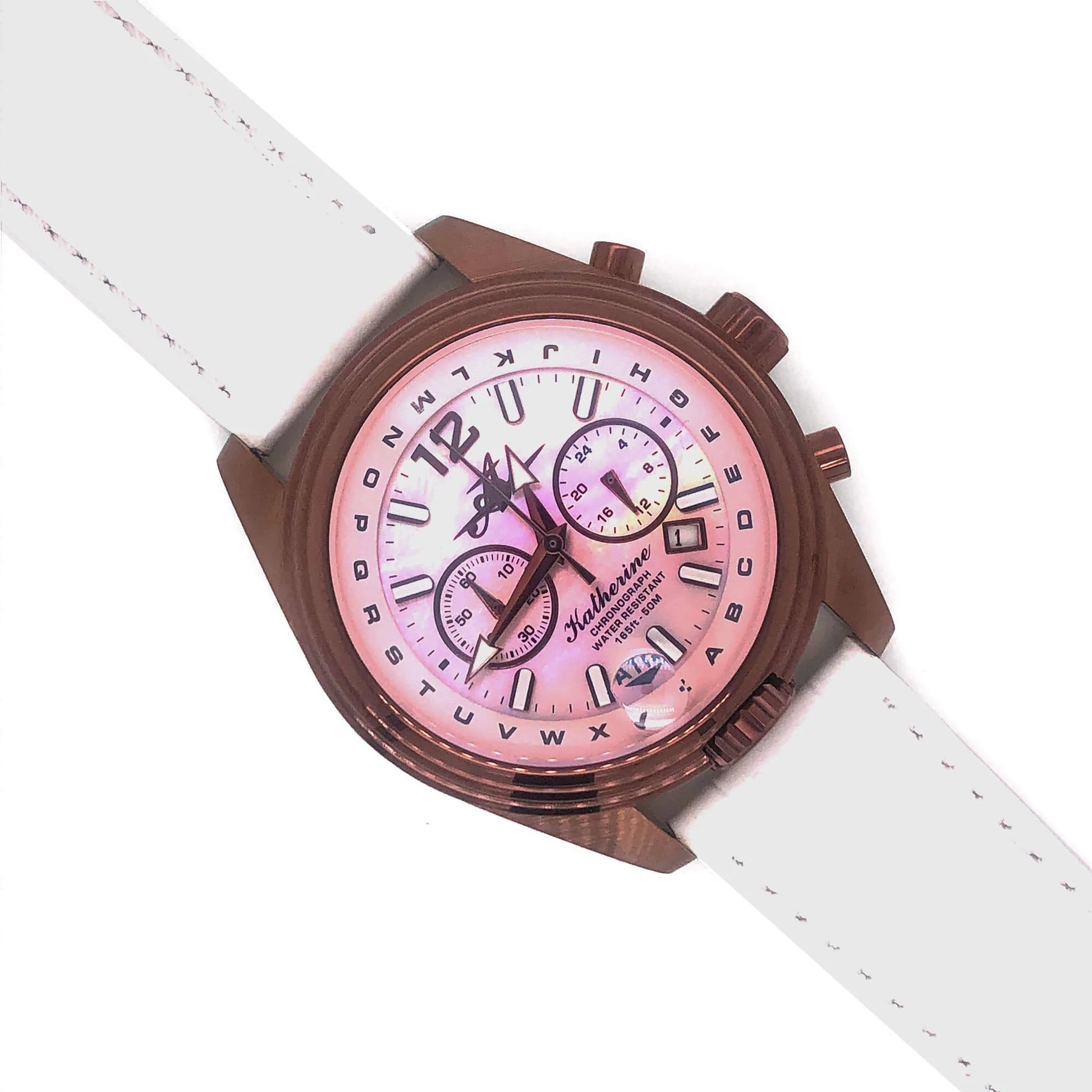Abingdon Katherine Chronograph with 20mm White Leather Band and Pink Mother-of-Pearl Dia