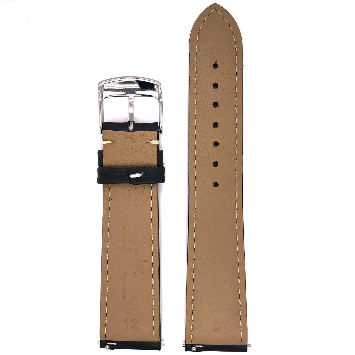 Abingdon 20mm Oil-Tan Leather Watch Strap in Black, Back View Showing Smooth Lining and Quick-Release Pins