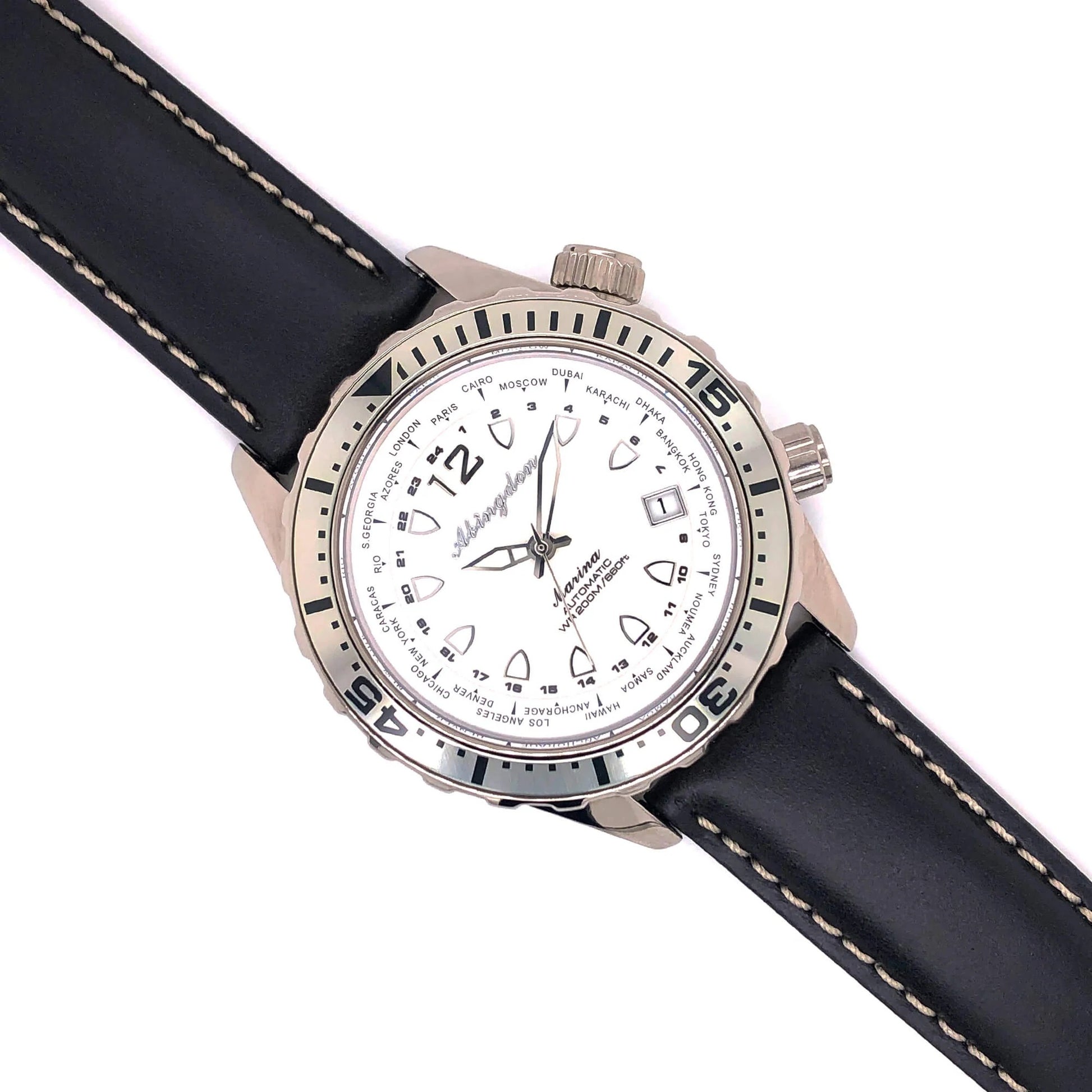 Abingdon 20mm Black Oil-Tan Leather Watch Band with Contrast Stitch on Stainless Steel Dive Watch with White Dial
