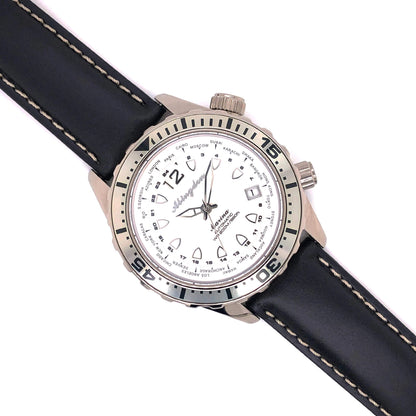 Abingdon 20mm Black Oil-Tan Leather Watch Band with Contrast Stitch on Stainless Steel Dive Watch with White Dial