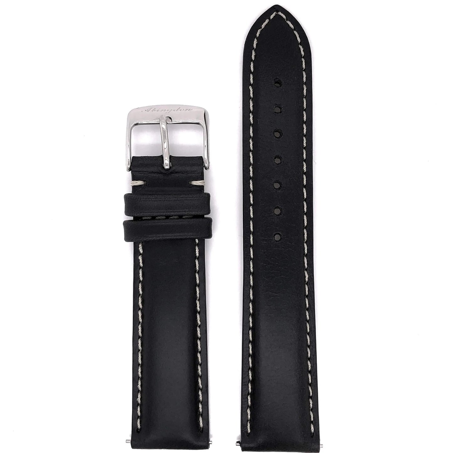 Abingdon 20mm Oil-Tan Leather Watch Strap in Black with Contrast Stitch, Stainless Steel Buckle – Front View