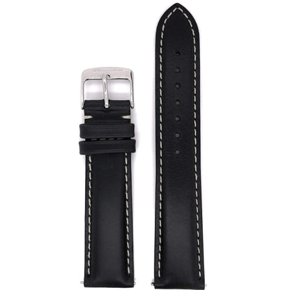 Abingdon 20mm Oil-Tan Leather Watch Strap in Black with Contrast Stitch, Stainless Steel Buckle – Front View