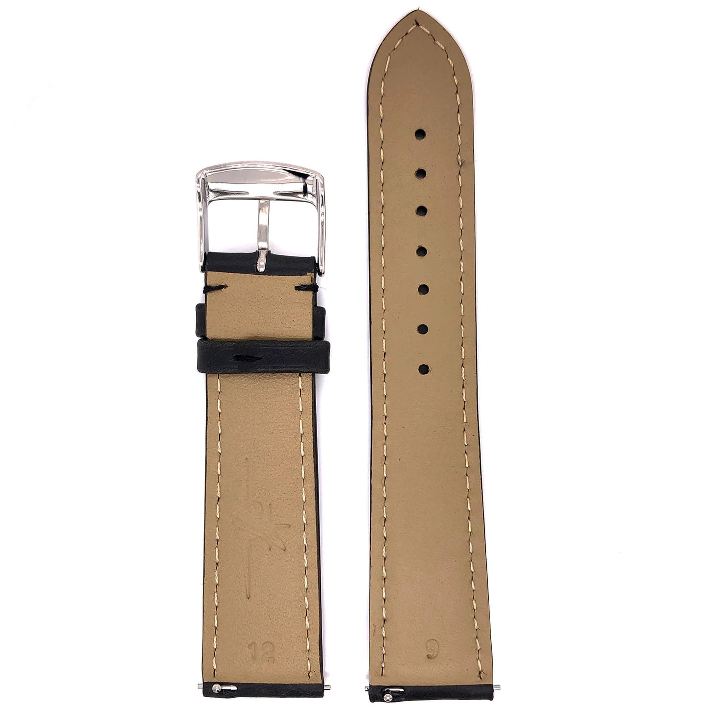 Abingdon 20mm Oil-Tan Leather Watch Band in Black – Back View Showing Genuine Leather and Quick Release Pins
