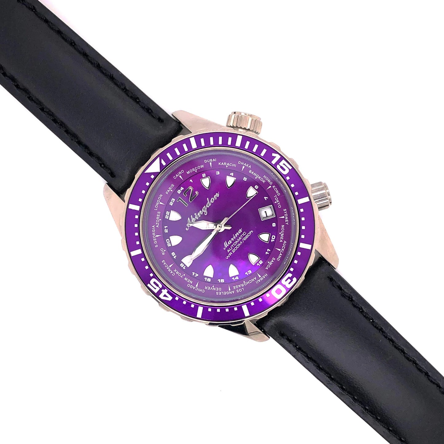 Abingdon 20mm Oil-Tan Leather Watch Band with Matching Stitch shown on Mariner Dive Watch with Black Strap and Purple Dial