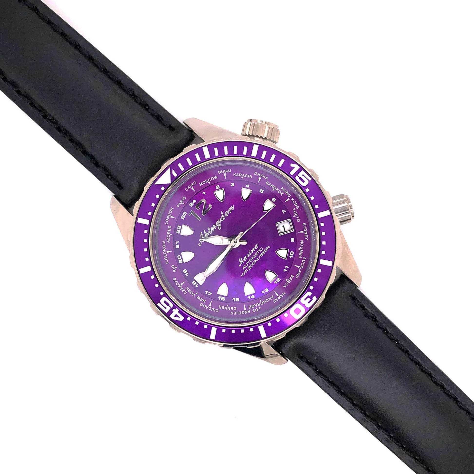 Abingdon 20mm Oil-Tan Leather Watch Band with Matching Stitch shown on Mariner Dive Watch with Black Strap and Purple Dial
