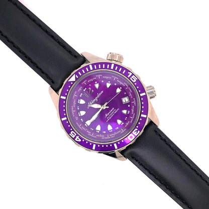 Abingdon 20mm Oil-Tan Leather Watch Band with Matching Stitch shown on Mariner Dive Watch with Black Strap and Purple Dial