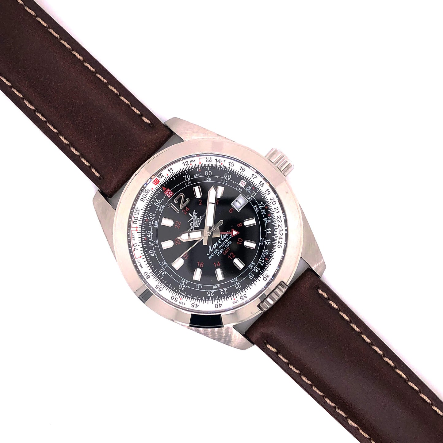 Abingdon 20mm Oil-Tan Leather Watch Band in Dark Brown with Contrast Stitch, Paired with Black Dial Amelia Pilot Watch
