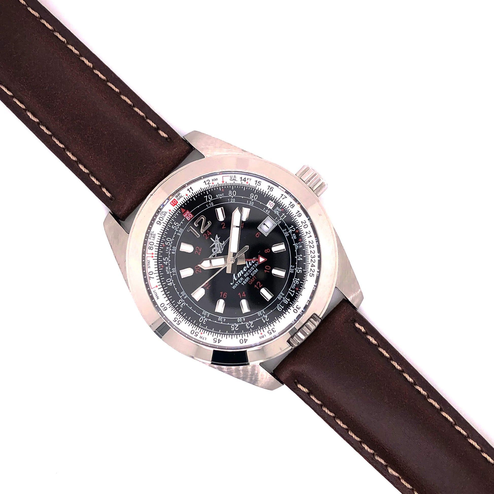 Abingdon 20mm Oil-Tan Leather Watch Band in Dark Brown with Contrast Stitch, Paired with Black Dial Amelia Pilot Watch
