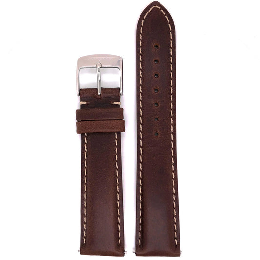 Abingdon 20mm Oil-Tan Leather Watch Strap in Brown with Contrast Stitch, Stainless Steel Buckle – Front View