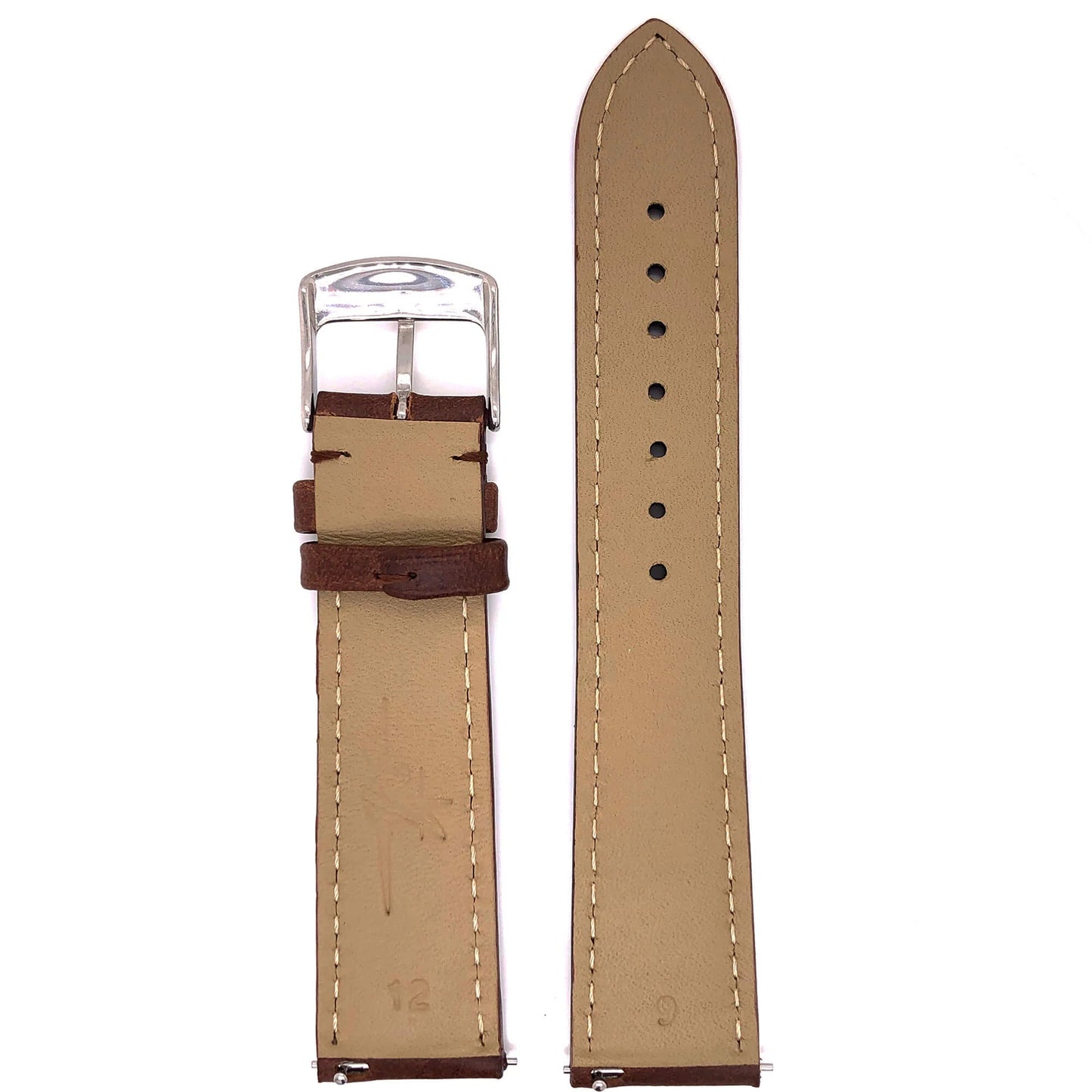 Abingdon 20mm Oil-Tan Leather Watch Band in Brown – Back View Showing Genuine Leather and Quick Release Pins