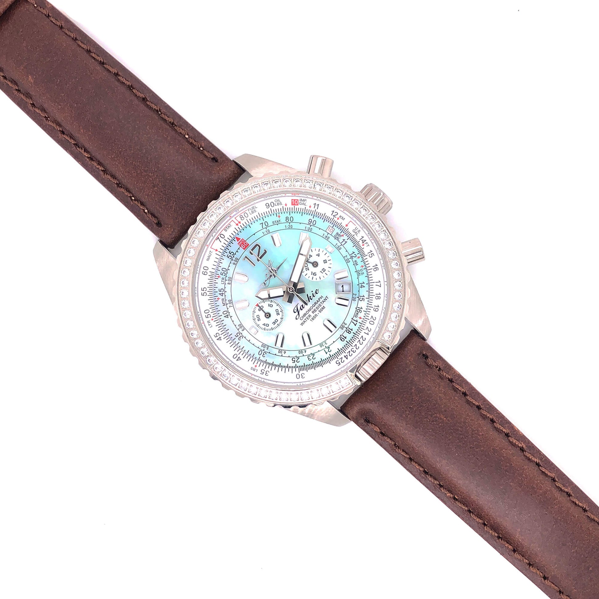 Abingdon 20mm Oil-Tan Leather Watch Band with Matching Stitch shown on Jackie Chronograph with Aqua Mother-of-Pearl Dial and Brown Strap