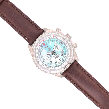 Abingdon 20mm Oil-Tan Leather Watch Band with Matching Stitch shown on Jackie Chronograph with Aqua Mother-of-Pearl Dial and Brown Strap