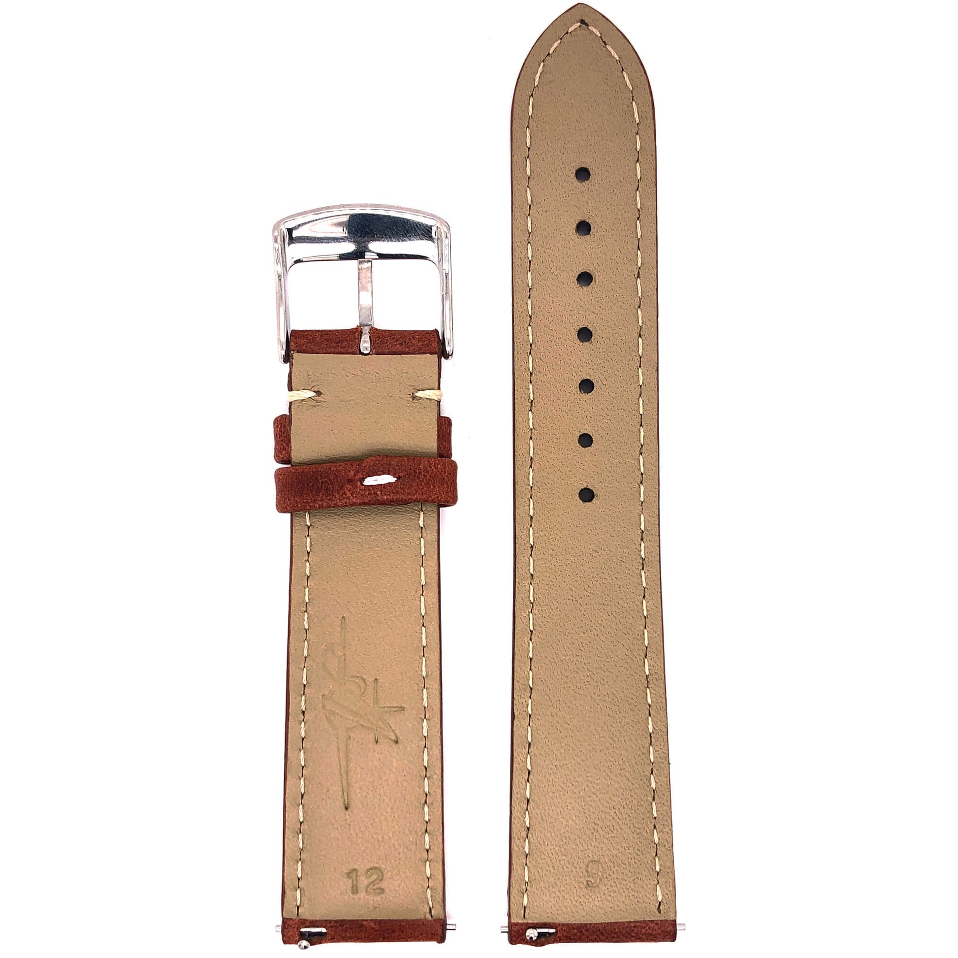 Abingdon 20mm Oil-Tan Leather Watch Strap in Chestnut Brown, Back View Showing Smooth Lining and Quick-Release Pins