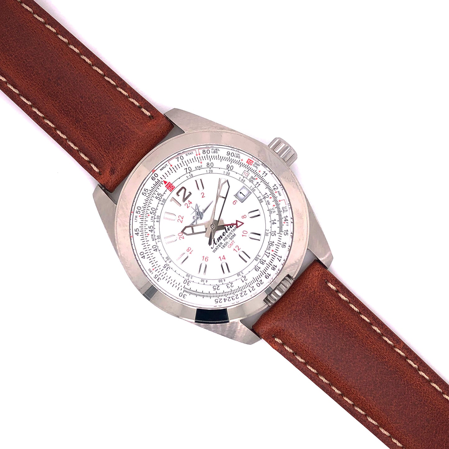 Abingdon 20mm Oil-Tan Leather Strap in Chestnut Brown with Contrast Stitching, Attached to White Dial Amelia Watch