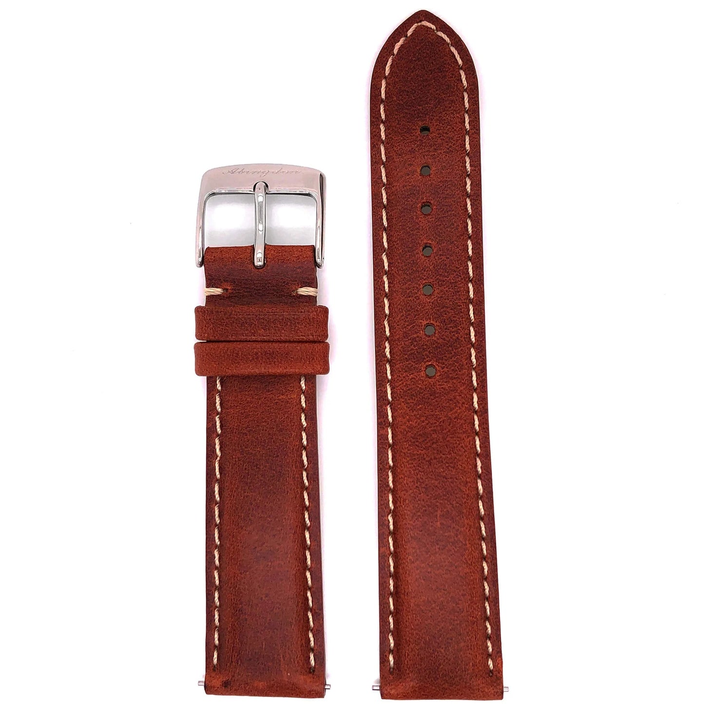 Abingdon 20mm Oil-Tan Leather Watch Strap in Chestnut Brown with Contrast Stitch, Stainless Steel Buckle – Front View