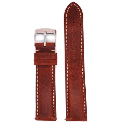 Abingdon 20mm Oil-Tan Leather Watch Strap in Chestnut Brown with Contrast Stitch, Stainless Steel Buckle – Front View
