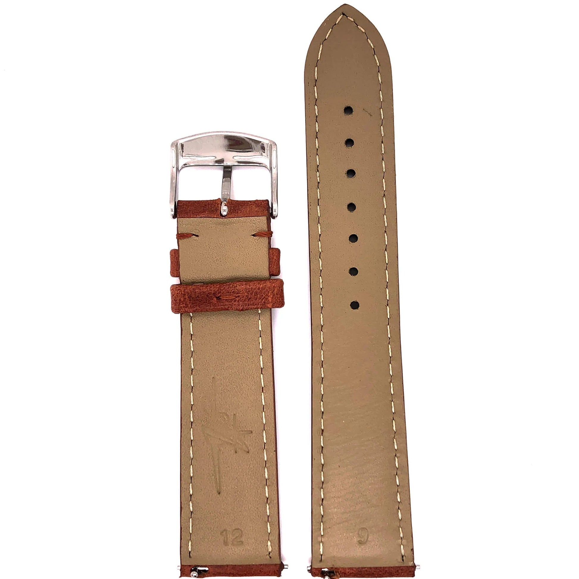 Abingdon 20mm Oil-Tan Leather Watch Band in Chestnut – Back View Showing Genuine Leather and Quick Release Pins