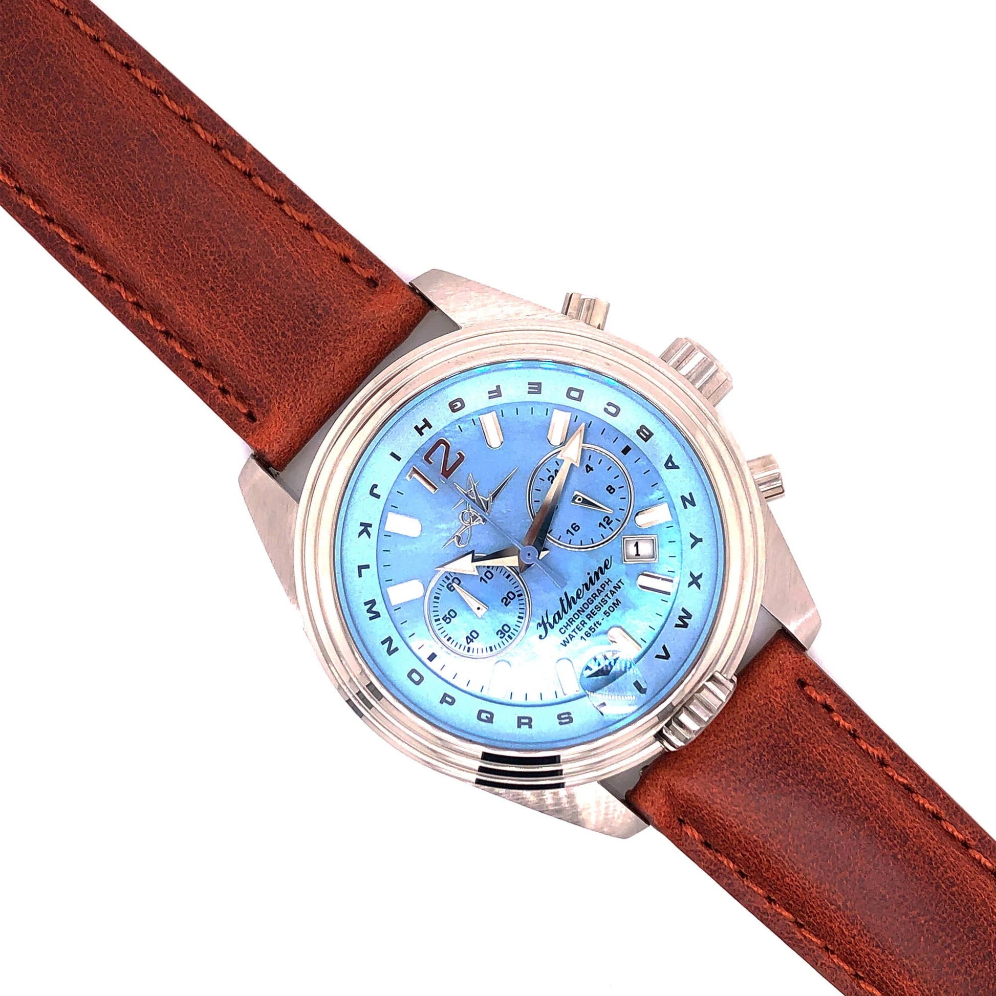 Abingdon 20mm Oil-Tan Leather Watch Band with Matching Stitch shown on Katherine Chronograph with Sky Blue Mother-of-Pearl Dial and Chestnut Strap