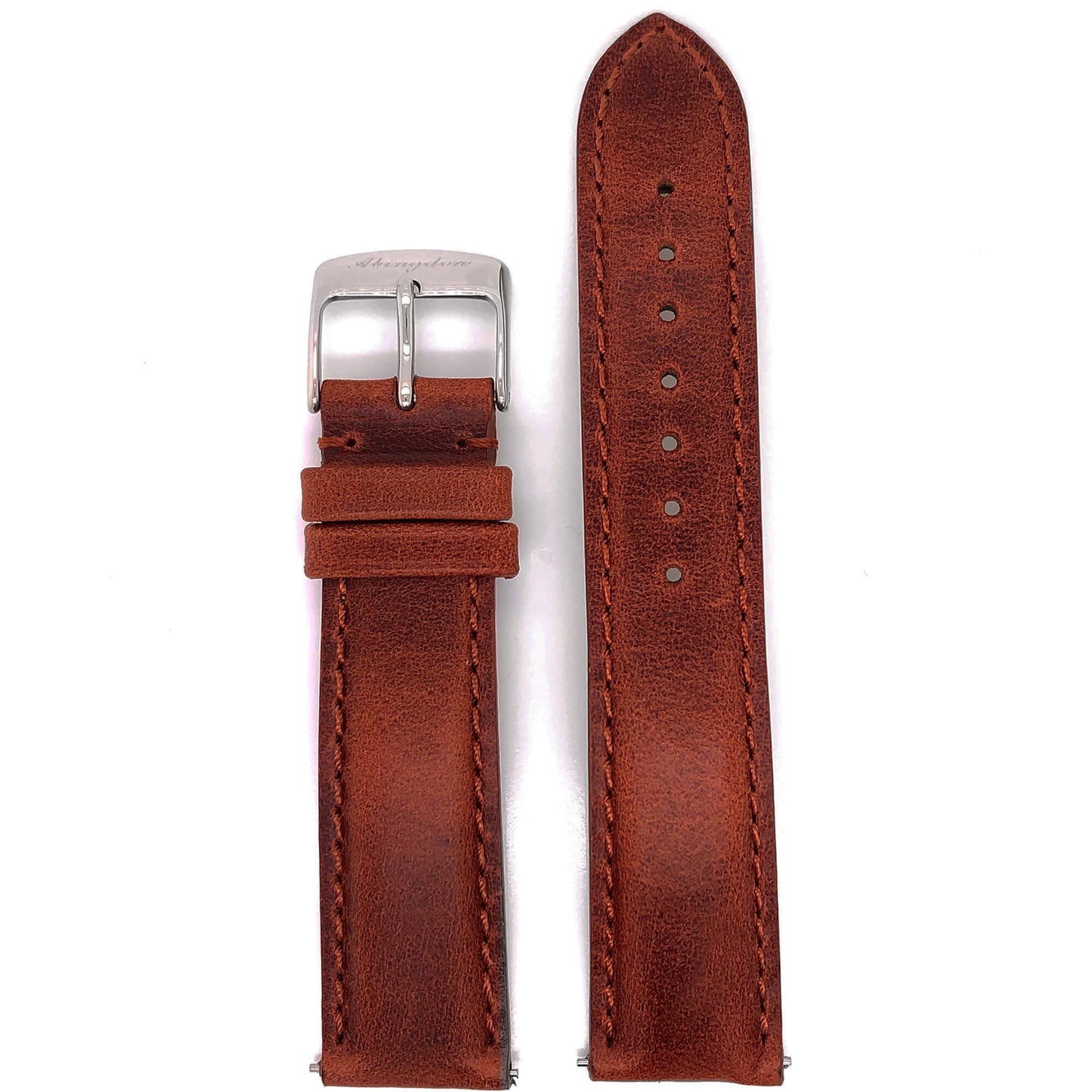 Abingdon 20mm Oil-Tan Leather Watch Band with Matching Stitch – Chestnut Brown Strap with Polished Stainless Steel Buckle